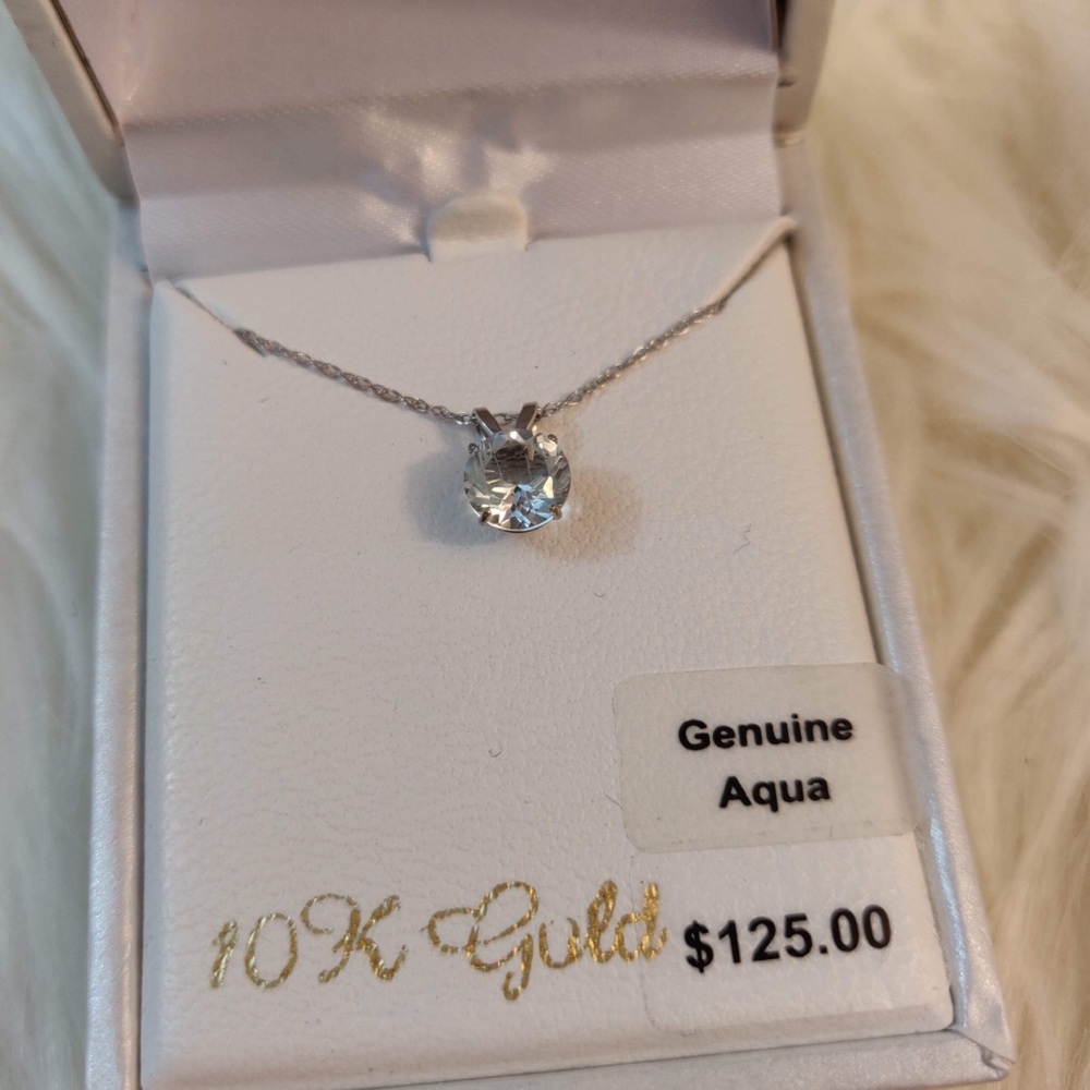 Solid 10k white gold necklace genuine aquamarine